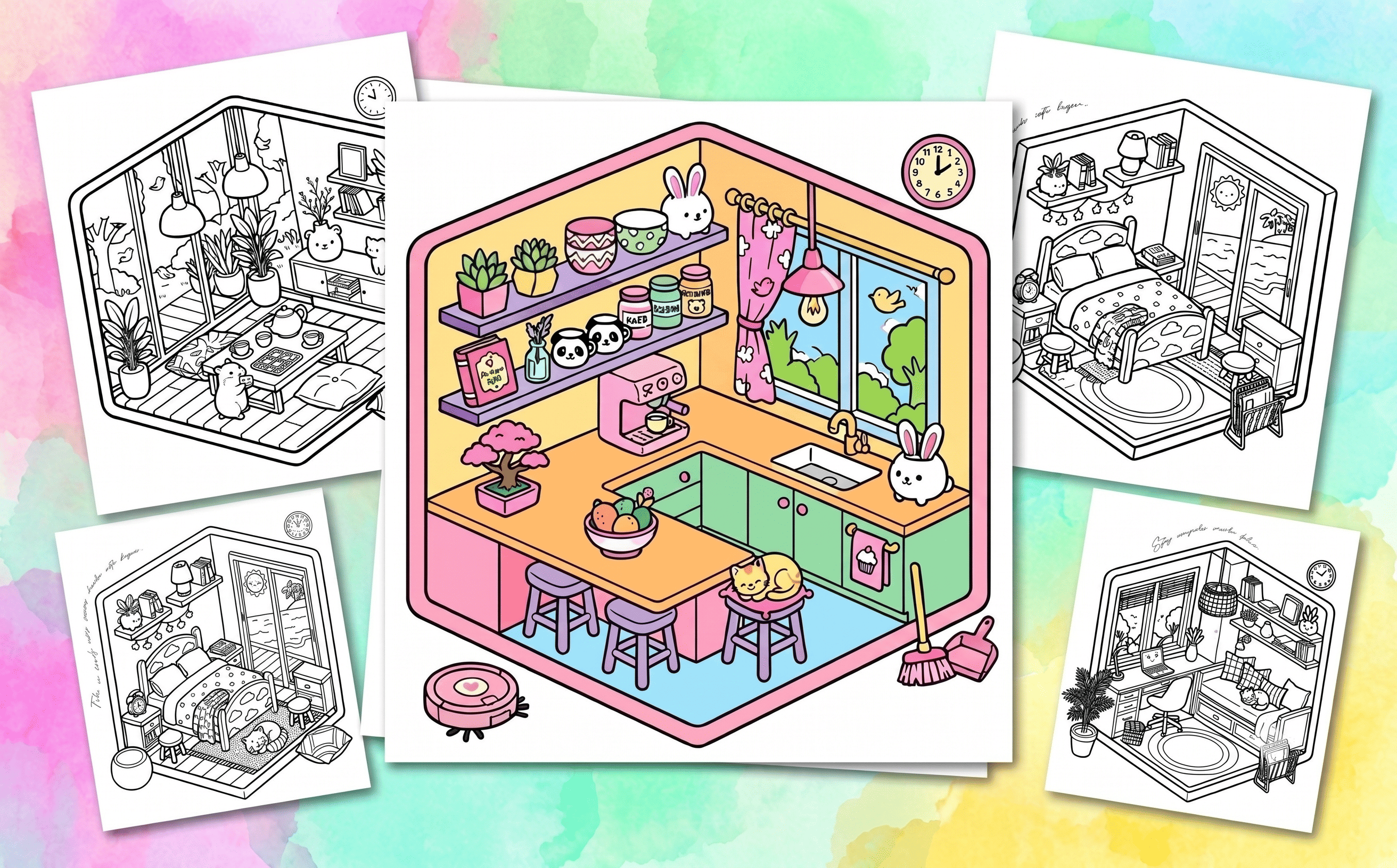 Rinconcitos páginas interiores libro colorear adultos escenas kawaii